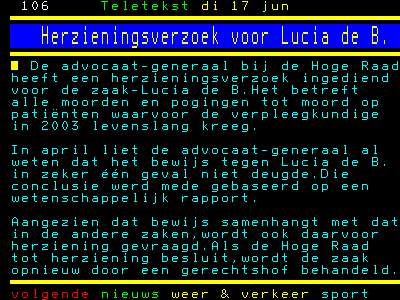 Teletekst dinsdag 17 juni 2008 Teletekst di 17 jun, Herzieningsverzoek voor Lucia de B.