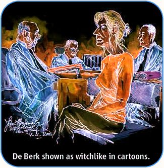Dark cartoon of Lucia in court - on her left mr. Strack